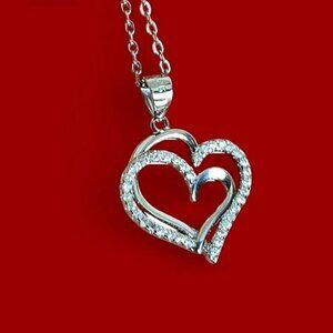 925 Sterling Silver 17" Necklace with 2-Heart Moissanite Pendant